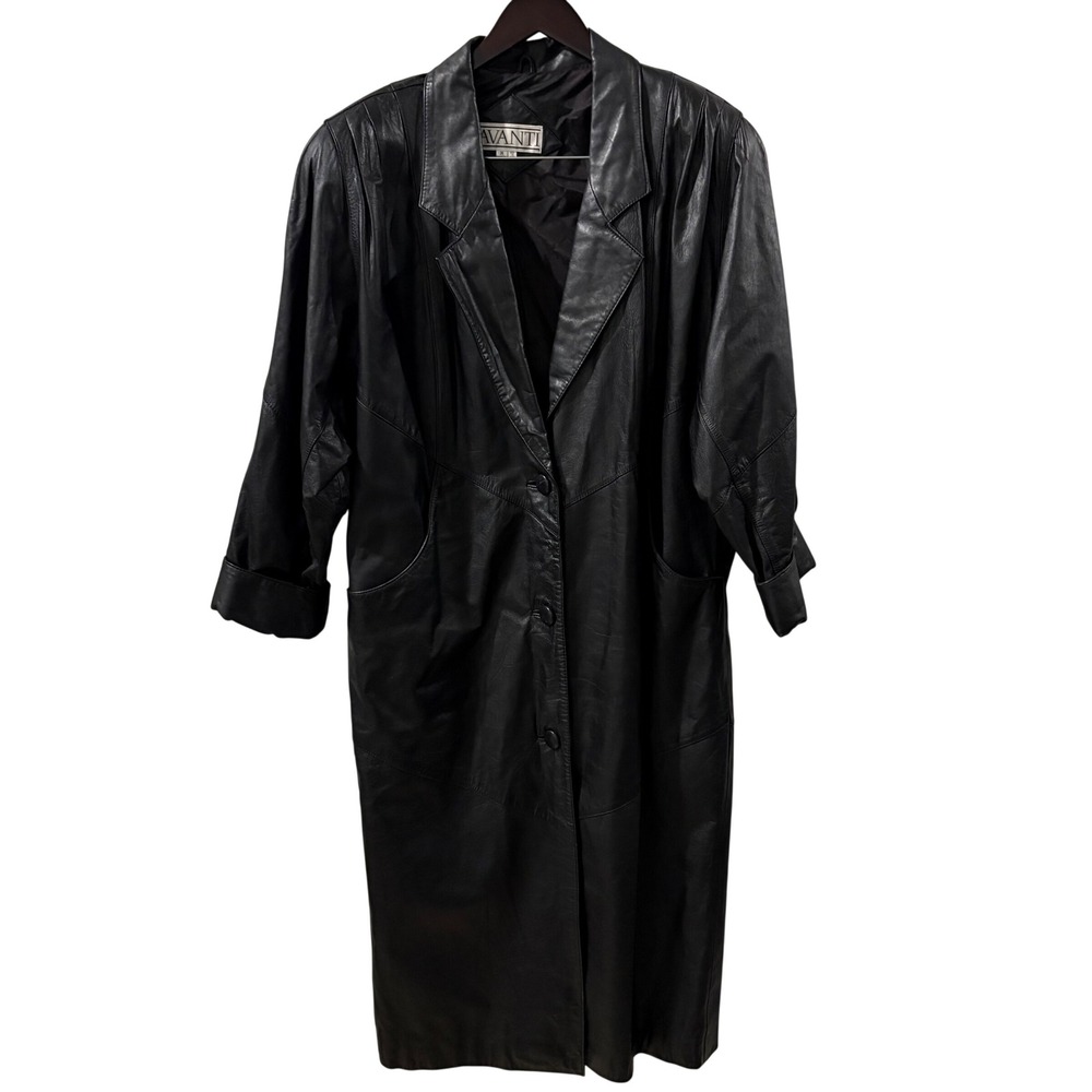 AVANTI‎ Womens Black Leather Long Trench Coat Jacket Size M Vtg